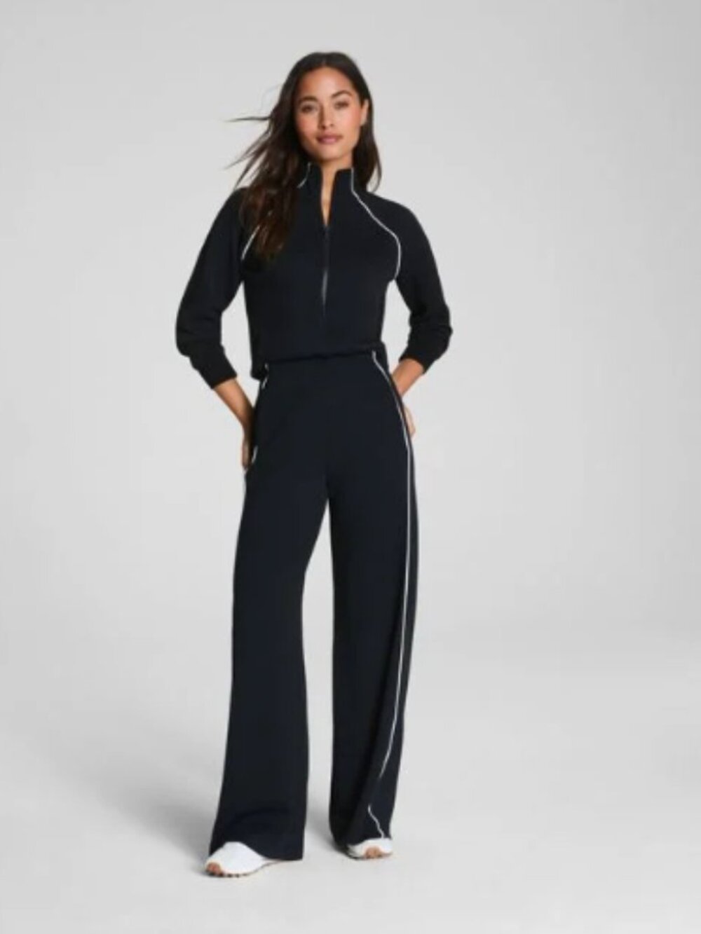 SPANX Air Essentials Jumpsuit Pique 1/4 Zip Wide leg Black Large Long sleeve